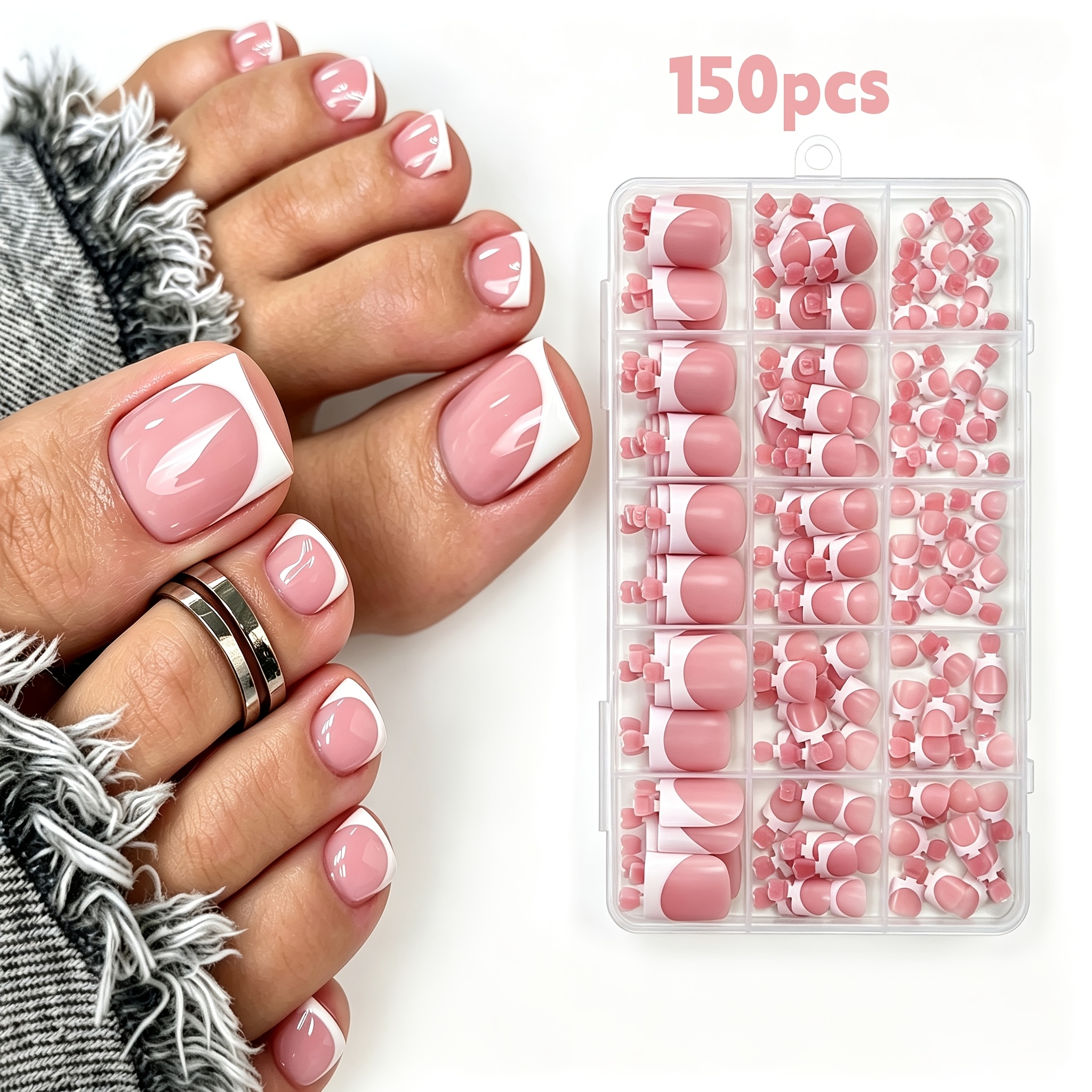 TEMU 150pcs Faux Ongles Press-On à French Tip Main pour Ongles de Pieds et de Mains - Faux Ongles Carrés Courts à Couverture Complète avec Base et