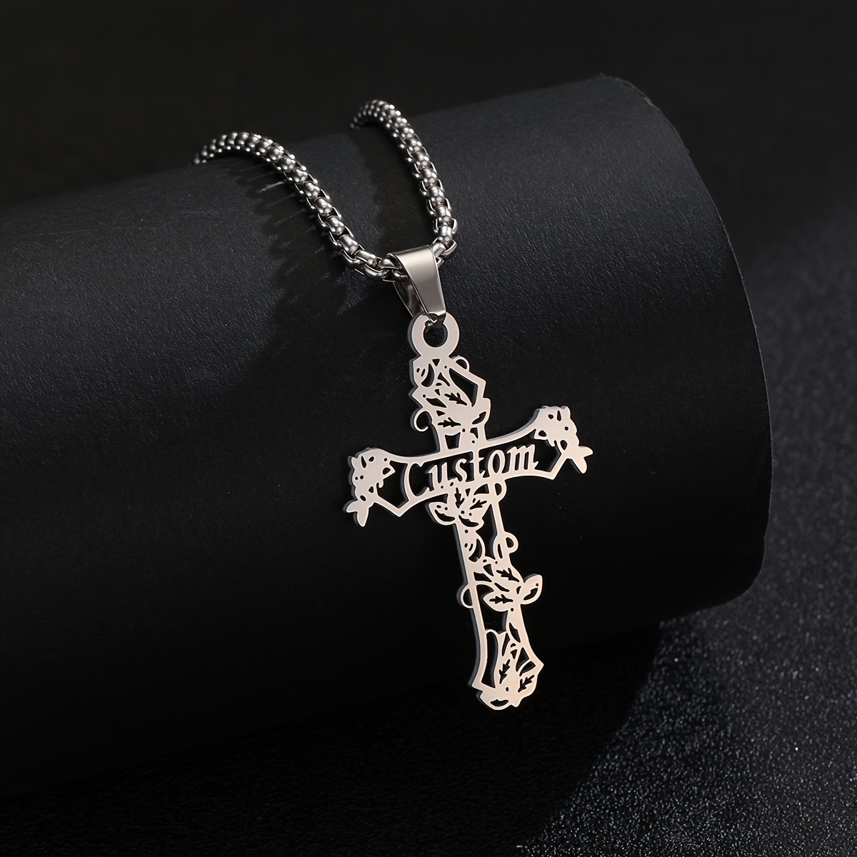 Personalized Stainless Steel Necklace with Name Engraved Cross Pendant