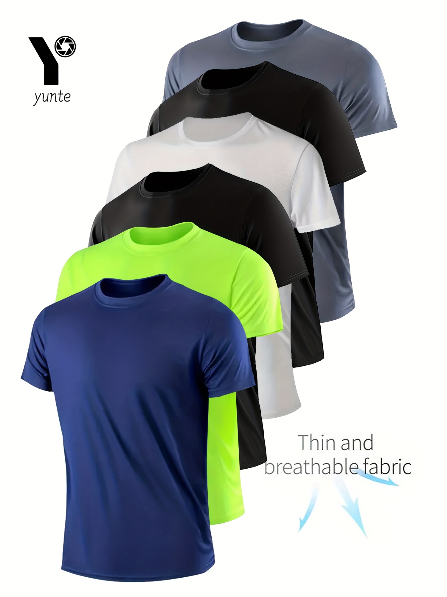 6pcs *'s Athletic T-Shirts Colors (Navy, Neon Green, Black, White,  Grey) Breathable Moisture-Wicking Gym Shirts with Fit for Ru