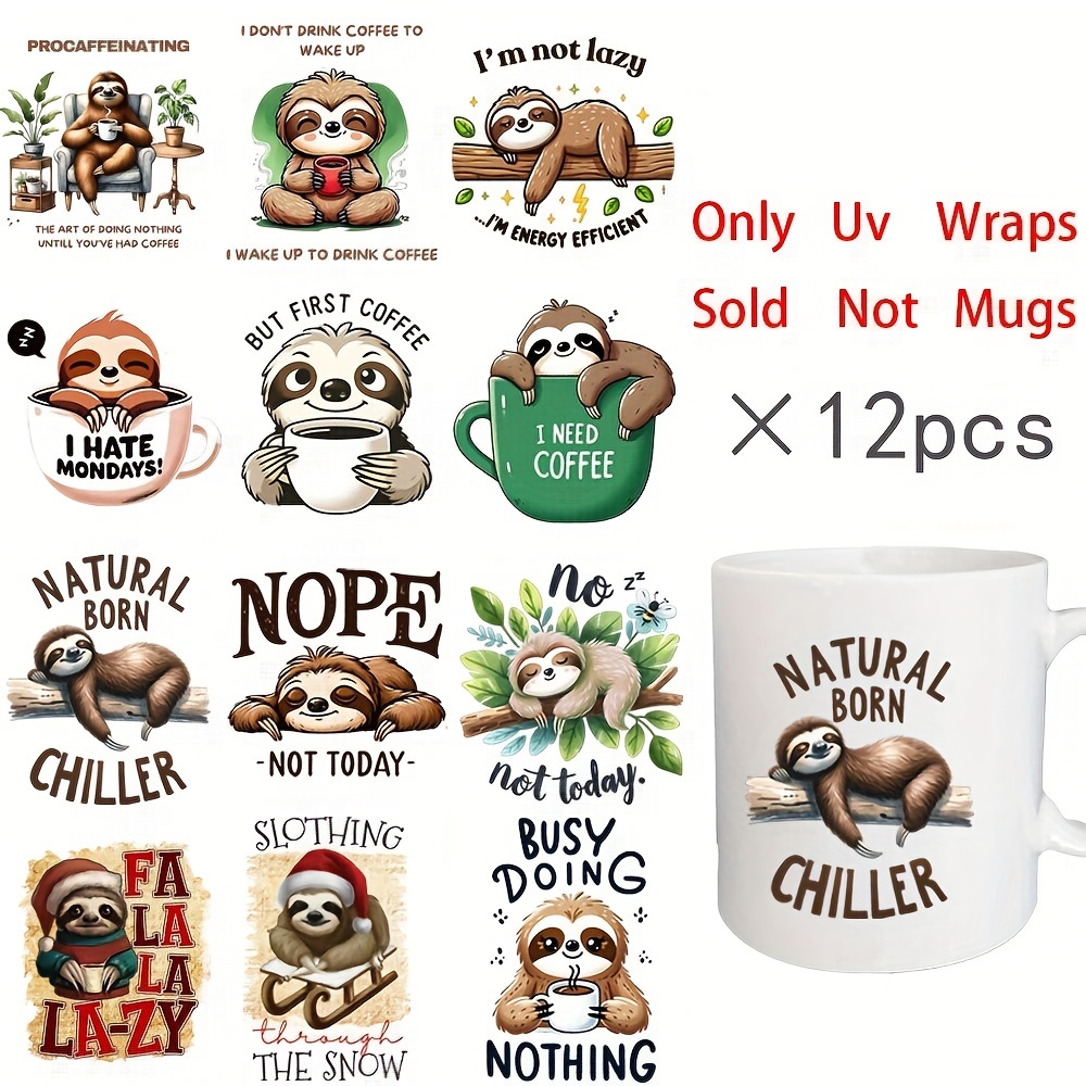 

12-piece Set Funny Sloth Themed Vinyl Stickers For Mug Decoration, Diy Decal Transfer Bundle, Uv Dtf Adhesive Wrap For Coffee Cup Customization - And Images Decor Pack