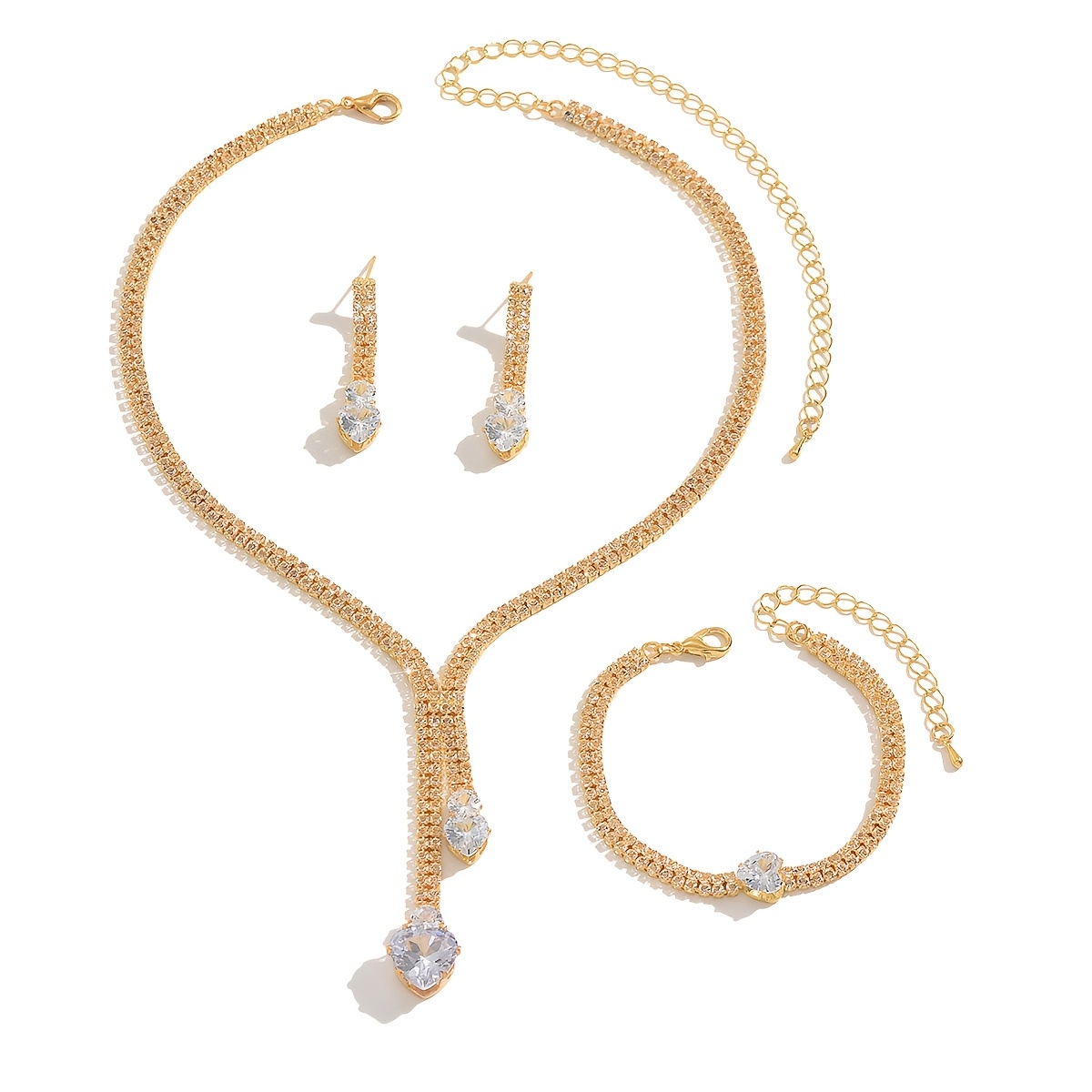Y-Shaped Heart Drop Necklace, Earrings & Bracelet Set, Elegant Accessories
