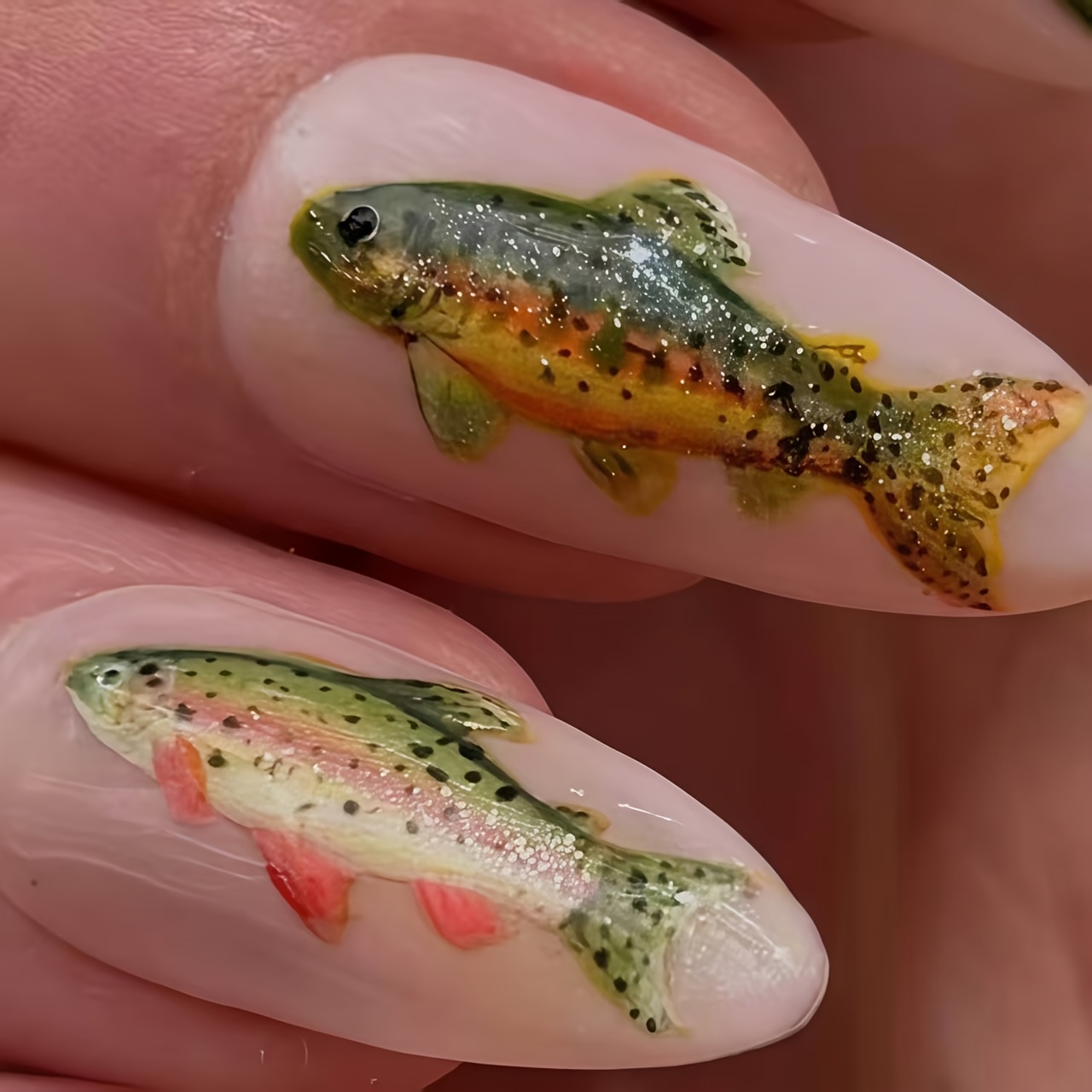 TEMU 24pcs Trout Fish Press-on Nails, Niche Creative False Nail Stickers, Glossy Detachable Nail Tips For Daily Wear, Apparel Decoration, Decorative