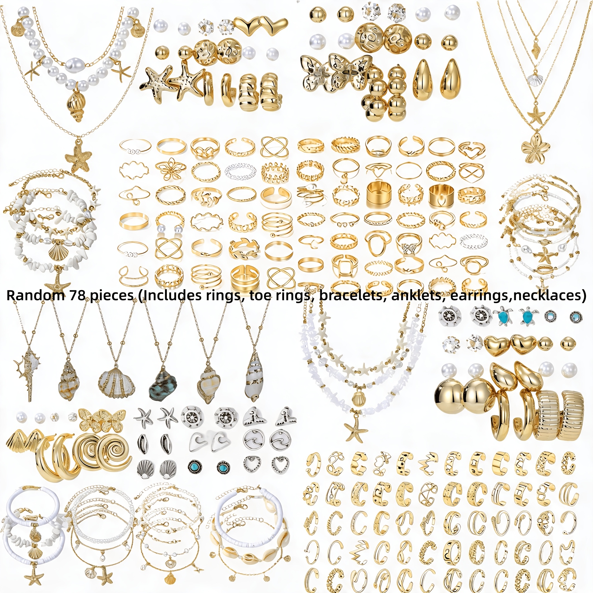 TEMU Random 78pcs/set Women's Jewelry Set, Fashionable Luxurious Bohemian Style Beachy Elegant Premium Faux Pearl Faux Seashell Faux Shell Faux