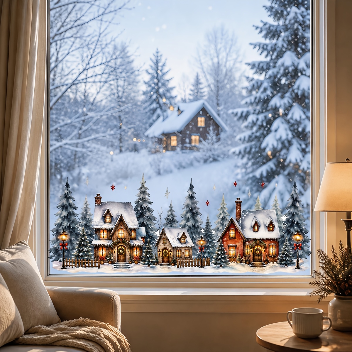 TEMU Christmas Snow Village Wall Stickers, Scene Decals, Suitable For Windows, Walls, Desks, Living Rooms, And Decoration
