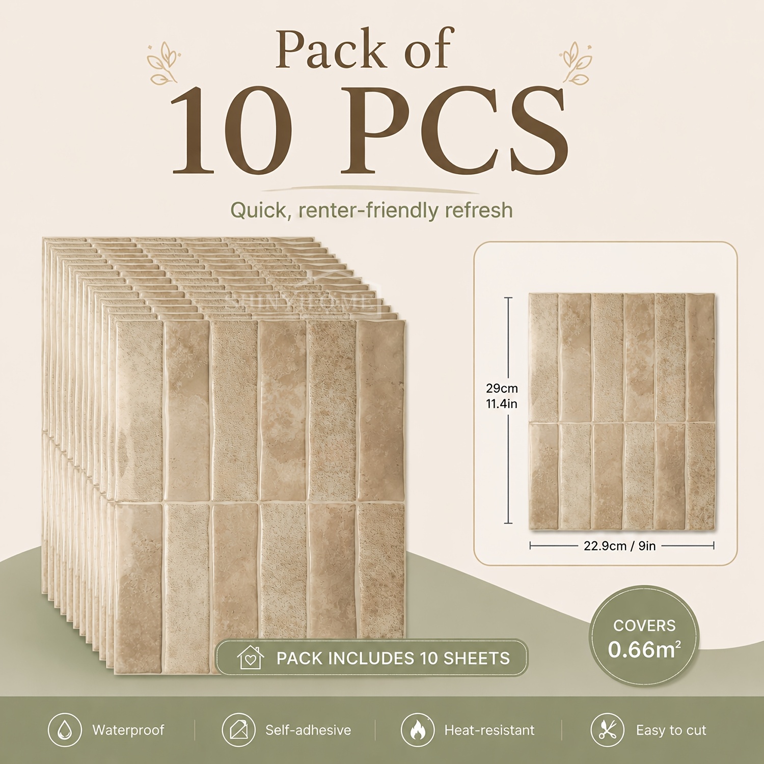 TEMU 10pcs Beige Self-adhesive Wall Tiles Marble Pattern Waterproof Peel And Stick Backsplash Silent Installation Heat Resistant Easy To Cut Kitchen