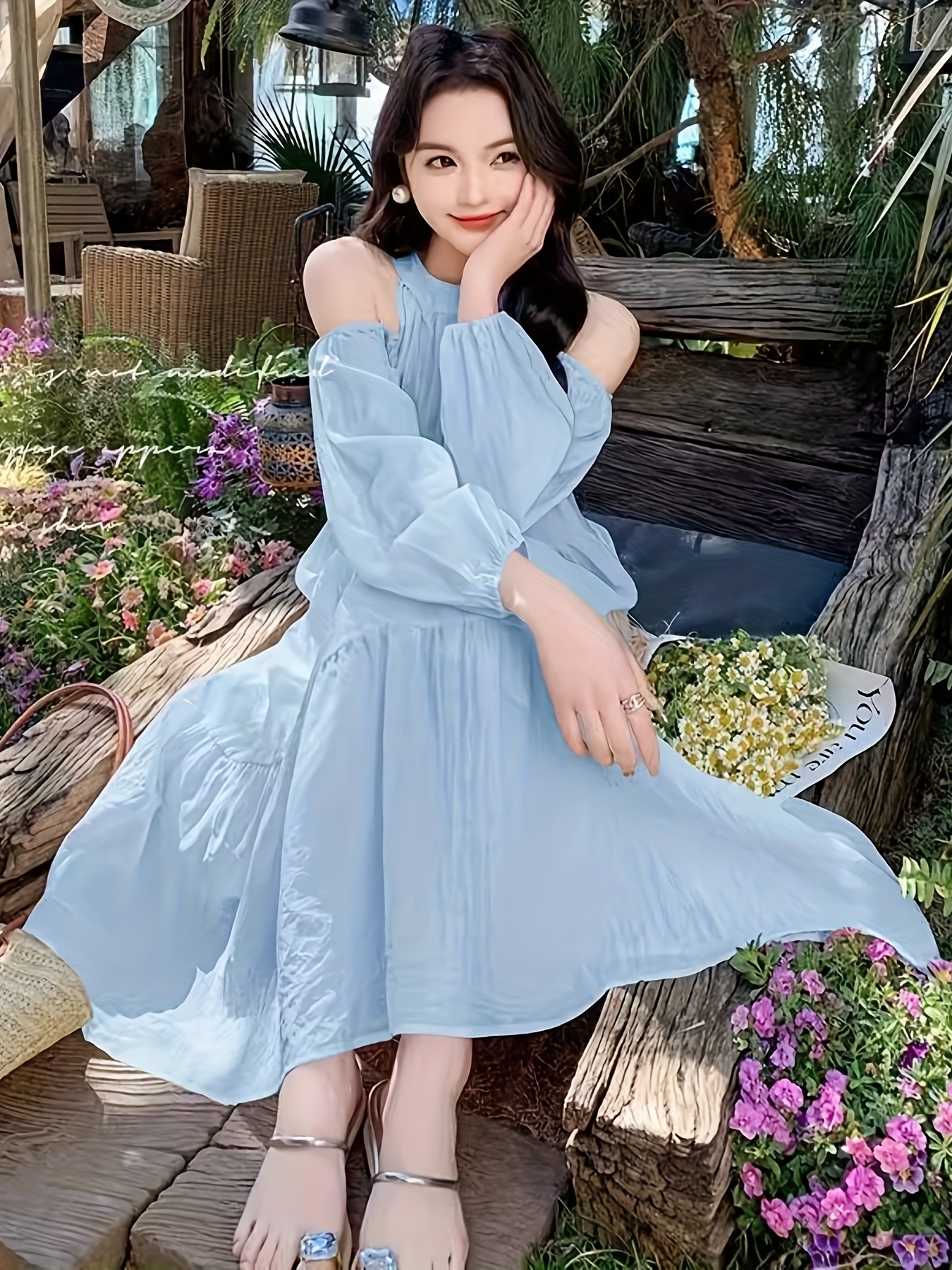 off the shoulder light pink dress Light Blue Off-Shoulder Dress with Draped Bodice and Rosette Straps – SS052  – Viniodress