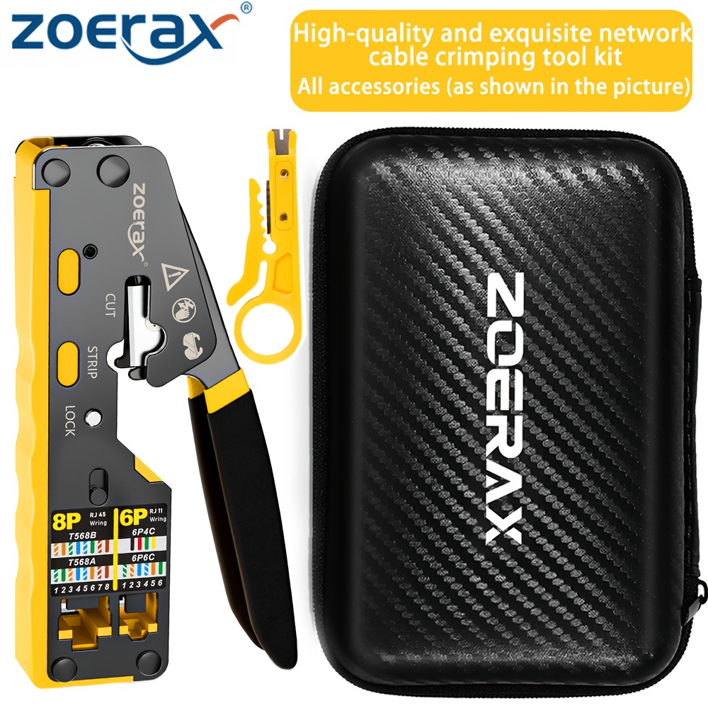 TEMU Zoerax Pass Through Rj45 Crimping Tool Kit, 8p/6p Ethernet Crimper With Wire Stripper And Hard Storage Case, For Rj11/rj12/rj45 Cat5e/cat6