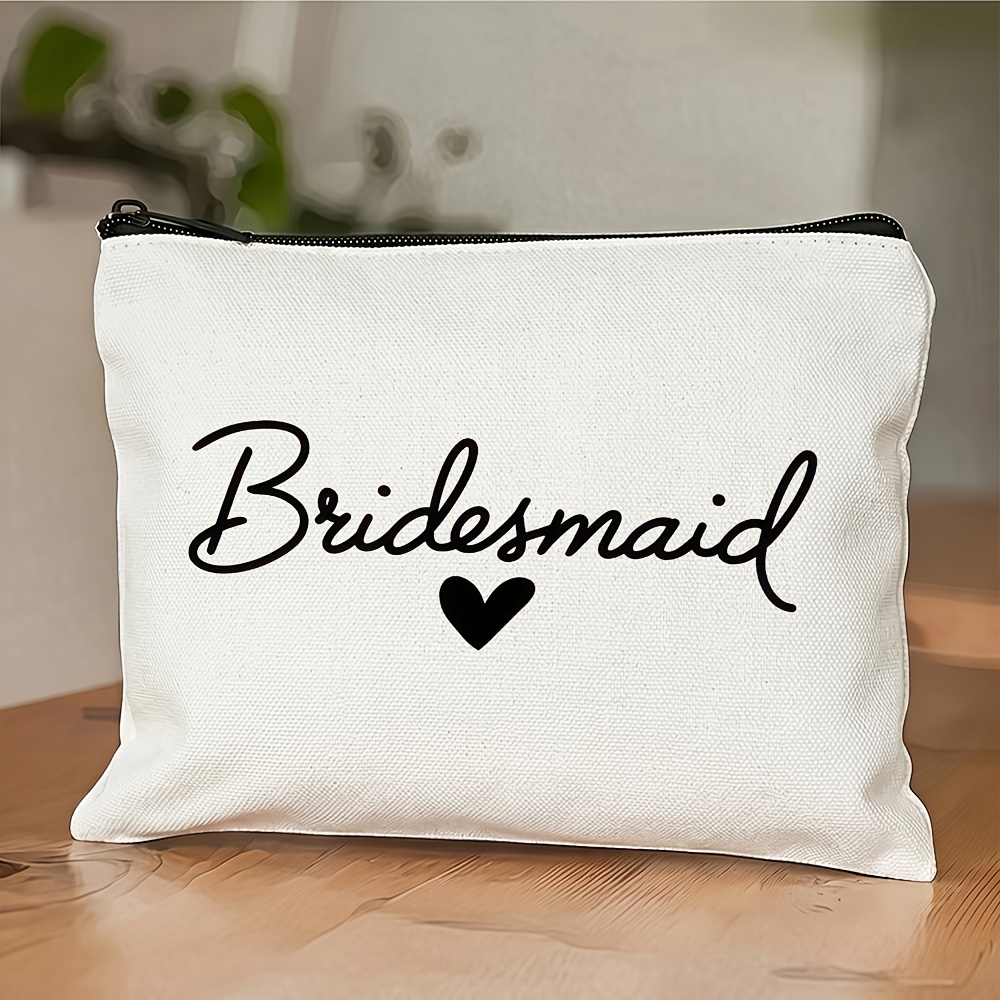 TEMU 1pc 1pcs Bridesmaid Makeup Bag Suitable For Wedding & Everyday Use - Minimalist Cursive Lettering With Small Black Hearts, Zipper Pouch, Neutral