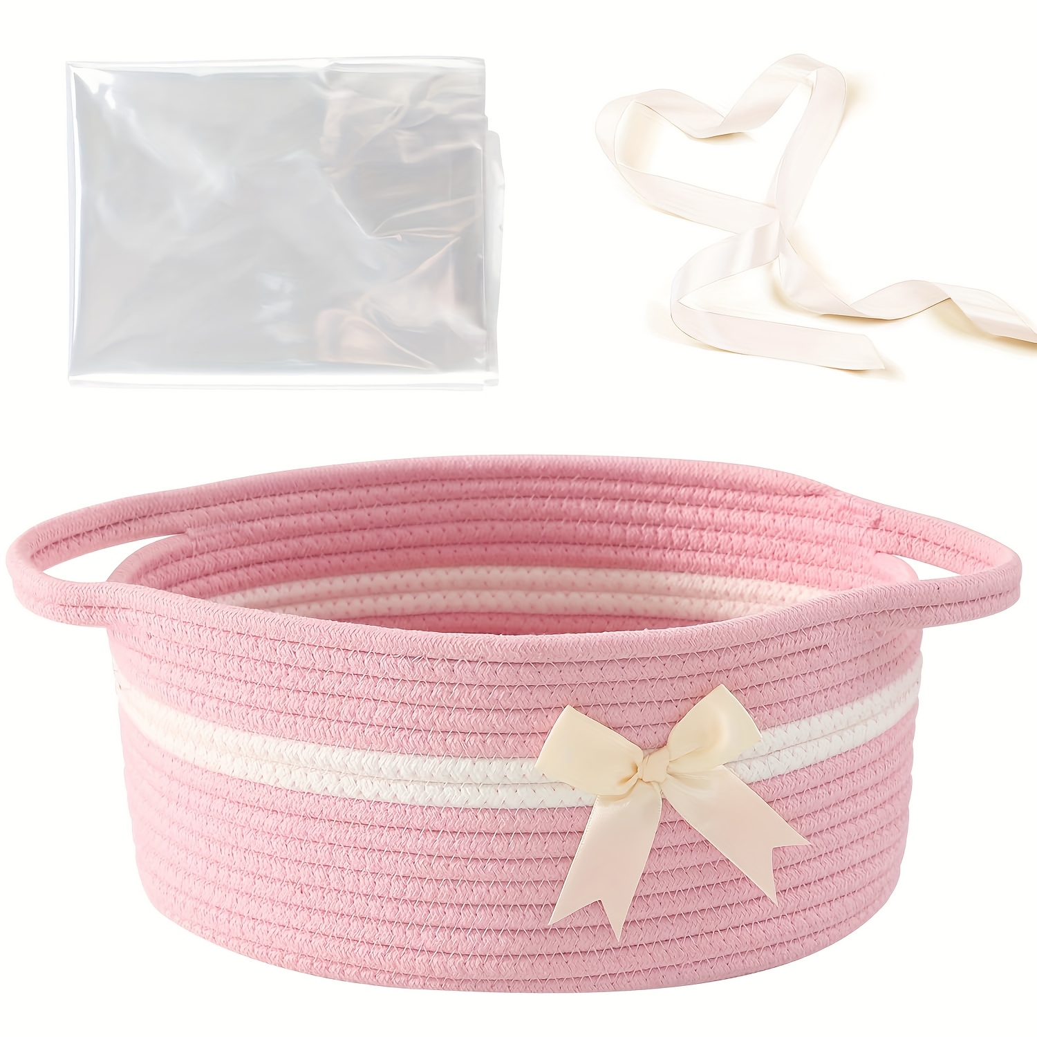 TEMU Empty Gift Baskets With Ribbons And Bows, Decorative Gift Baskets, Small Woven Rope Baskets For Cat And Dog Toys With Handles, Woven Storage