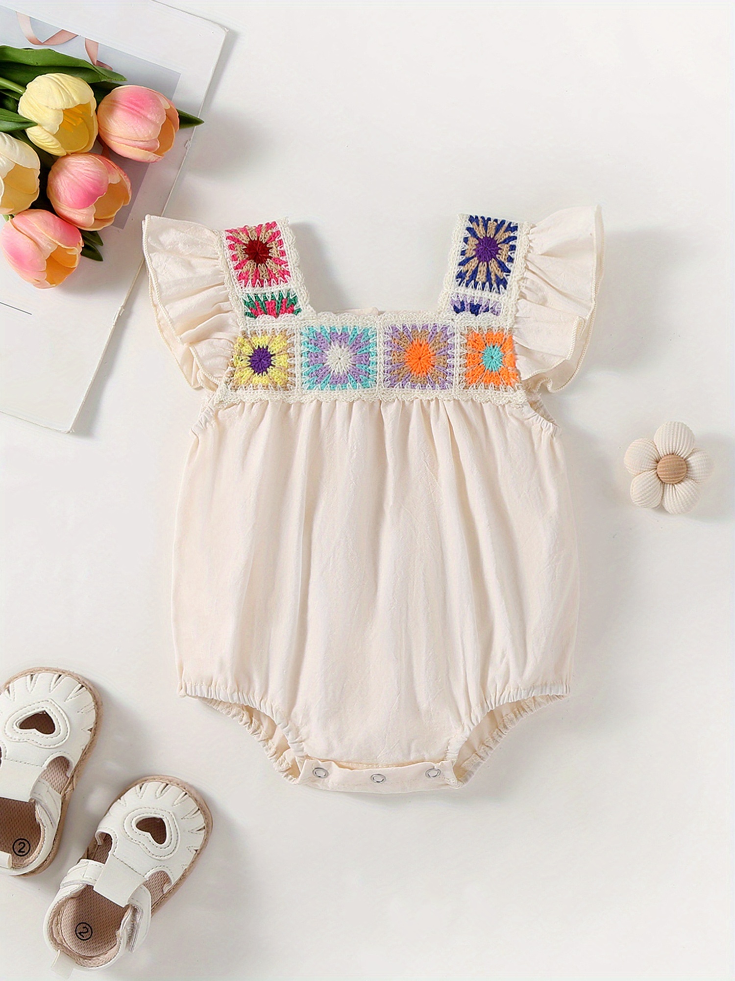 Newborn Baby Girl Summer Romper Boho Crochet Flower Geometric  Embroidery Bodysuit with Square Neck Sleeves, Lightweight Breathable  Outfi