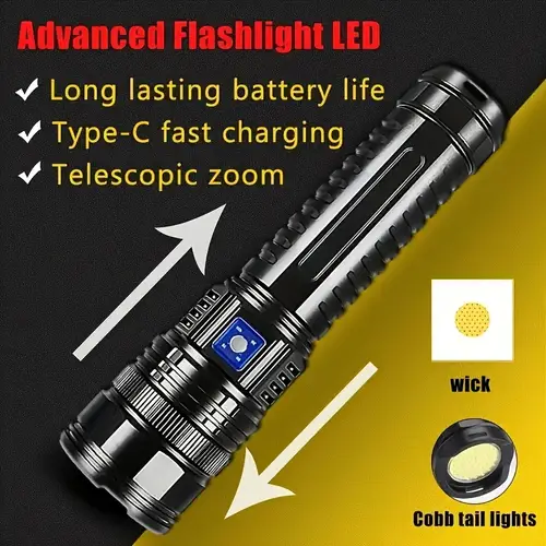 led flashlight 1pc most powerful led flashlight with cob light display built in large lithium battery durable necessary for outdoor camping and fishing