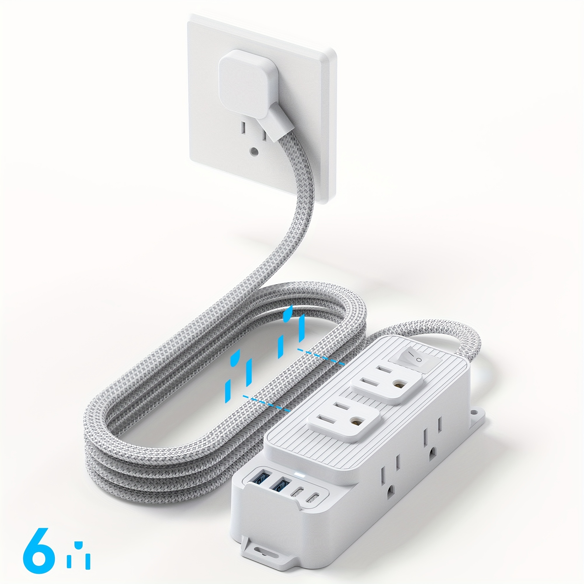 

Power Strip Protector, 5 Ft Cord With 6 Ac Outlets With 4 Usb Ports, Flat Plug, Wall Mount For Home Office Dorm Room Essentials