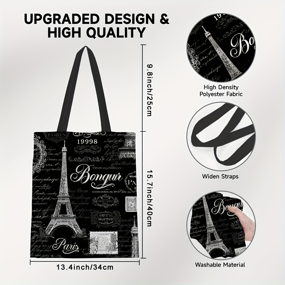 TEMU 1pc, Tote Bag Featuring A Design Of Tower In Paris, Suitable For Women, Spacious, Lightweight, Made Of, Ideal For Shopping, Gym, Travel, And