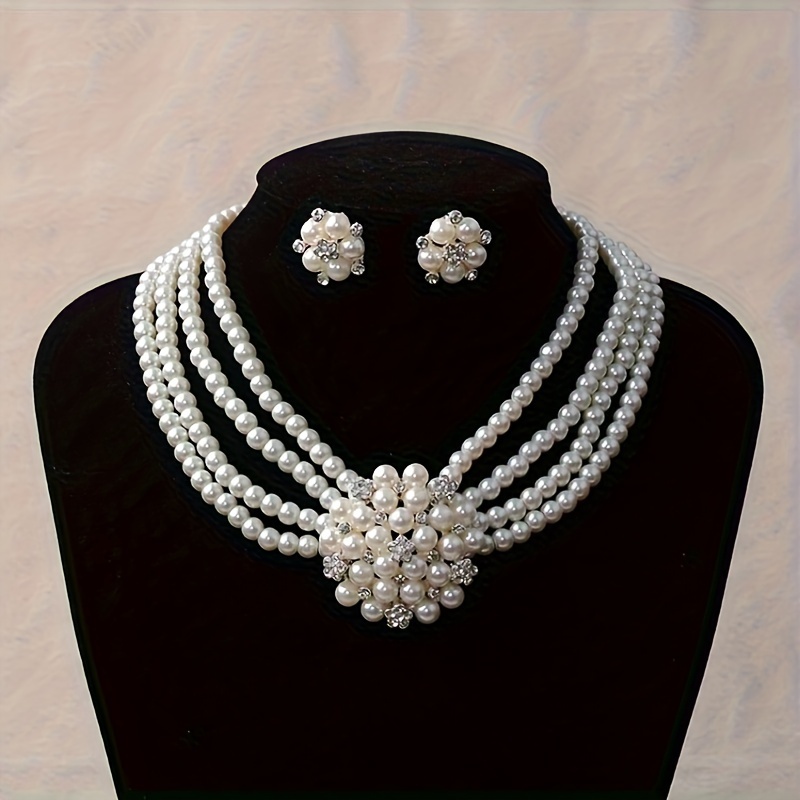 

Exquisite Pearl Flower Earrings Necklace Jewelry Set Women's Dinner Wedding Trendy Jewelry