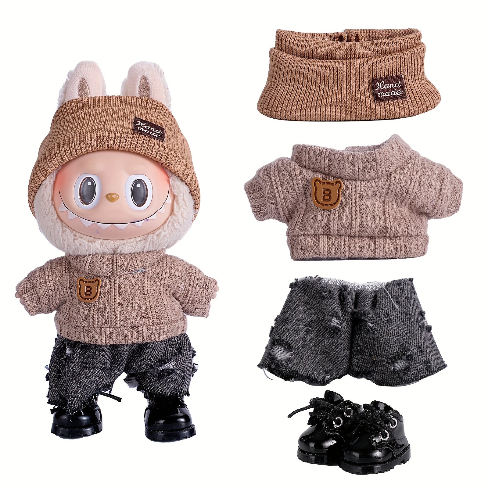 6.69英寸娃娃衣服，适合Labubu，带有3套装 - 时尚渔夫帽和毛衣和裤子或裙子套装，适合6.69英寸娃娃，非常可爱的Labubu配件，用于玩耍和展示（不包括鞋子和娃娃）