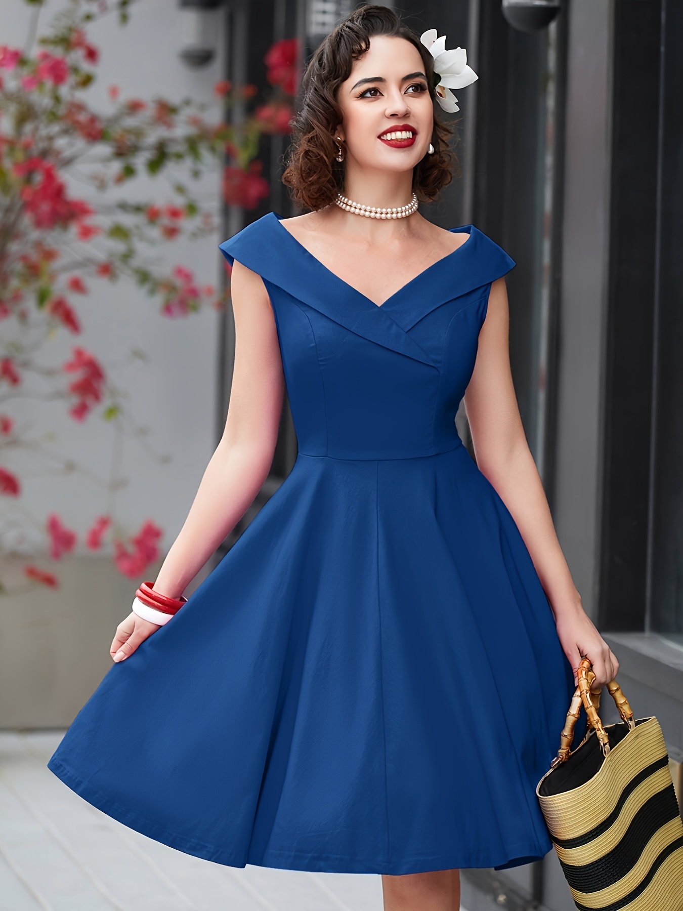 vintage 1950s a line swing dress v neck long sleeve - Temu