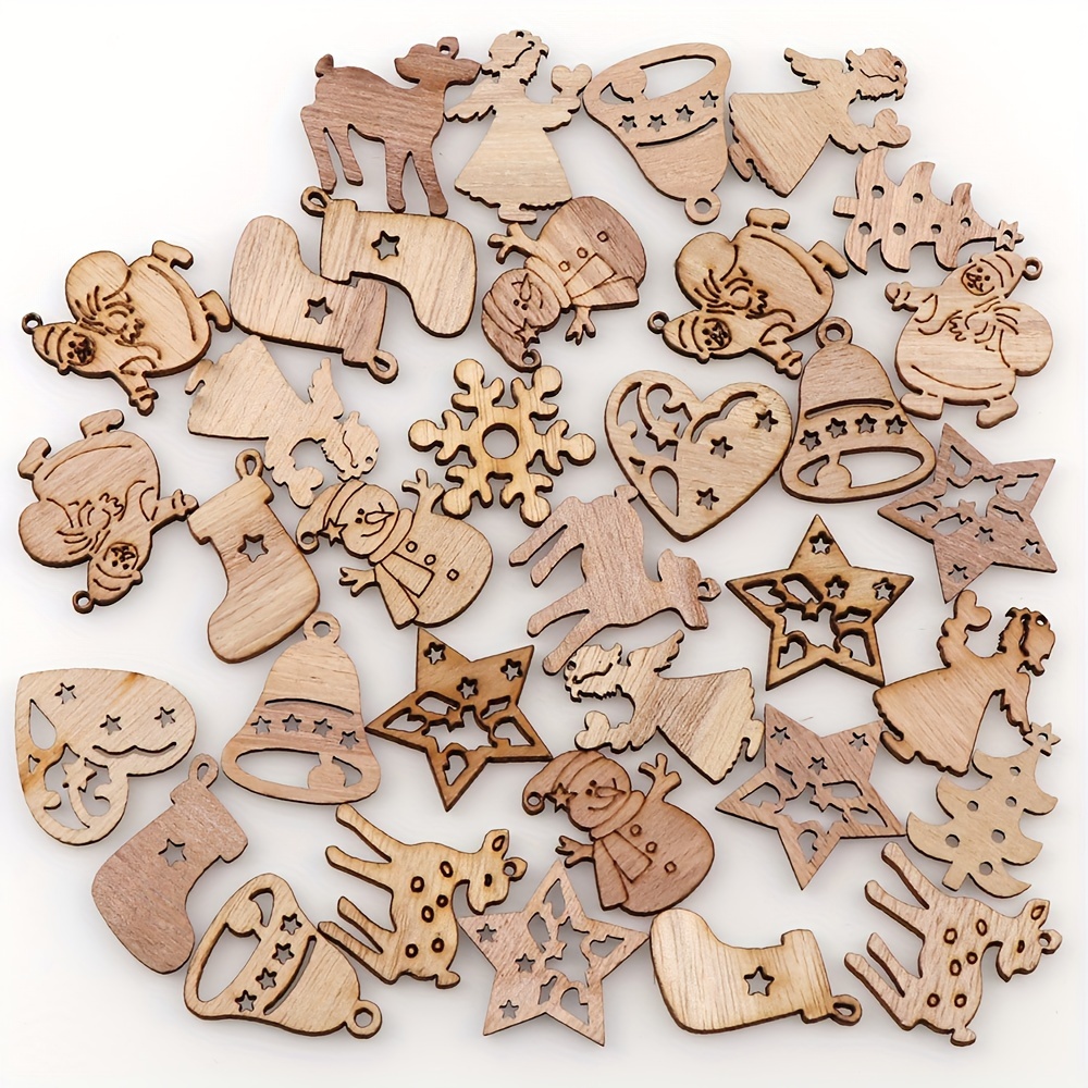 

50pcs Christmas Theme Wooden Pendants, Santa Claus Snowmen Deer Socks Christmas Tree Chips, Perfect For Necklace Bracelet Keychain Jewelry Making