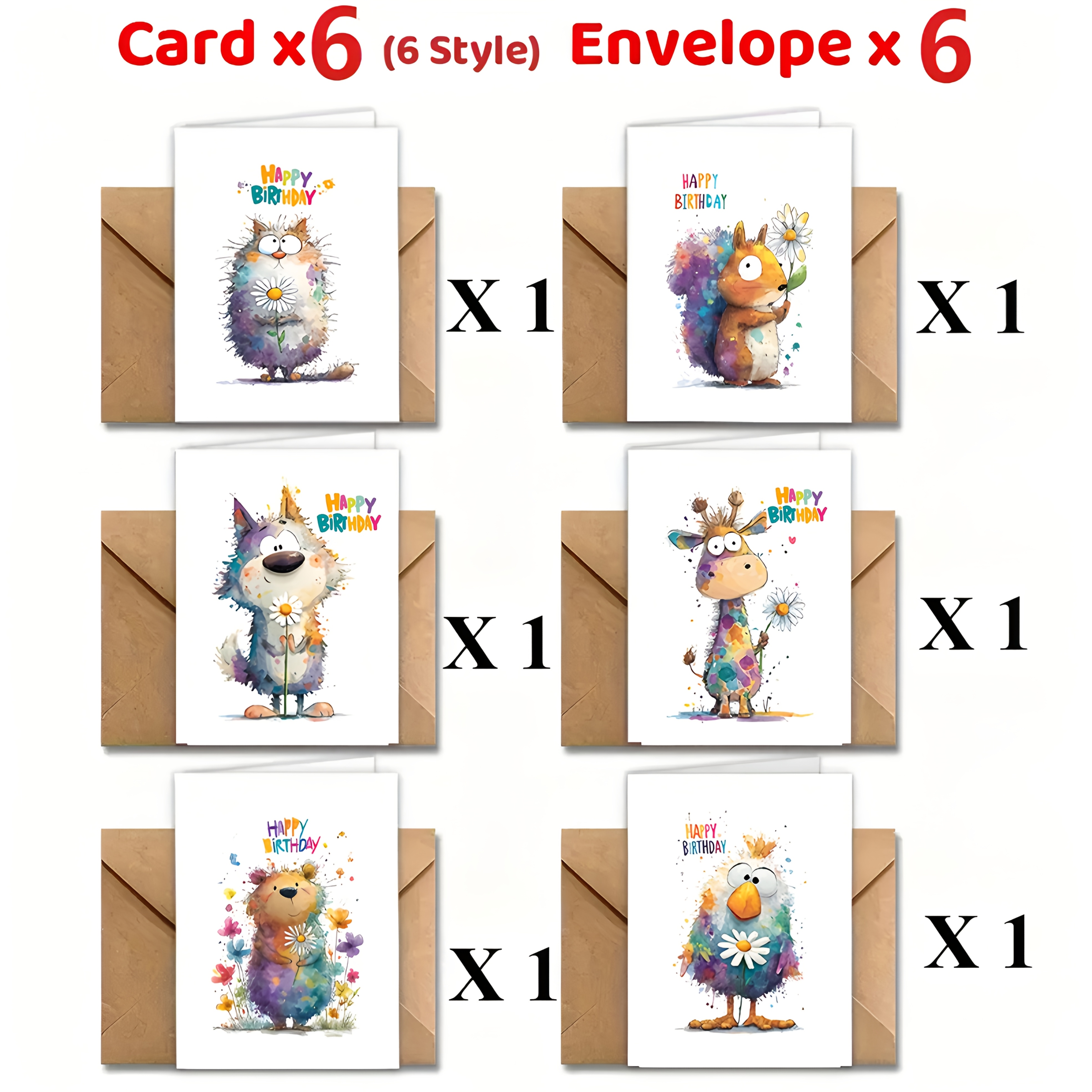 TEMU 12pcs Watercolor Cute Animal Birthday Card Set - , Suitable For Women, Men, , Family, Colleagues Gift Set - Adorable Animal Characters, Vibrant