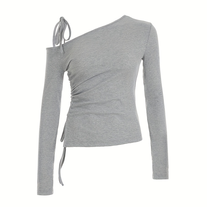 womens asymmetric one shoulder tie long sleeve t shirt side Temu