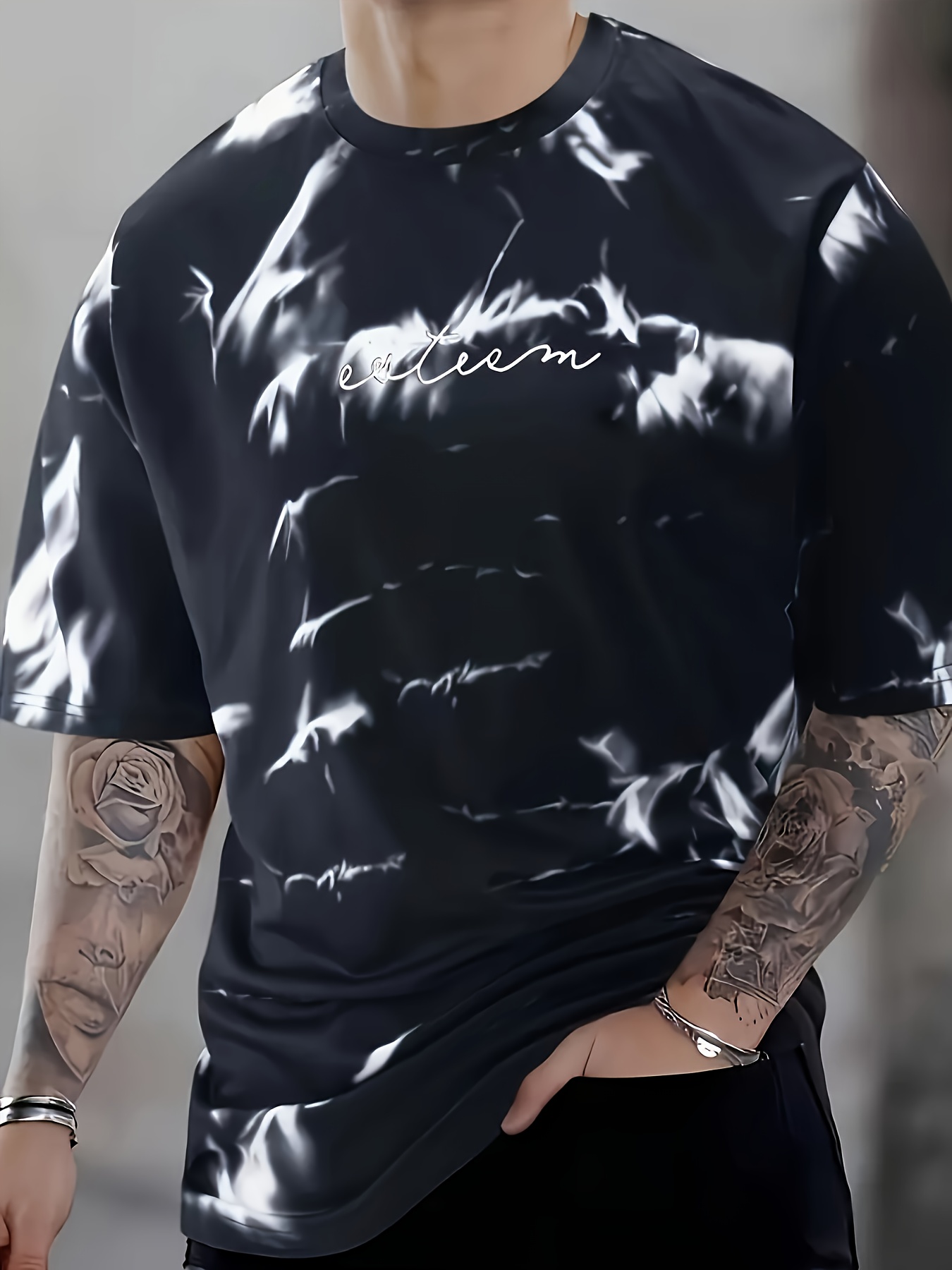 Men's Casual Short Sleeve T-Shirt - Gradient Ink Splatter & Bird Pattern Design, Green & White Opaque Polyester Blend Knit Fabric, Breathable Round Neck Tee for Spring/Summer Daily Wear & Vacation, Leisure Apparel, Relaxed Fit Shirt, Opaque Material, PLUS SIZE