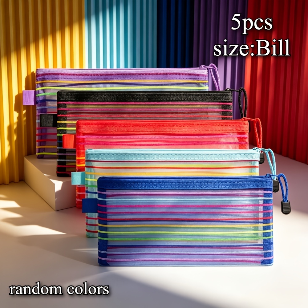 TEMU 5pcs Set Striped Mesh Zipper Storage Pouch, Bill Size, Portable Stationery/file/daily Organizer Bag, For Office/travel/daily Use, Random Colors