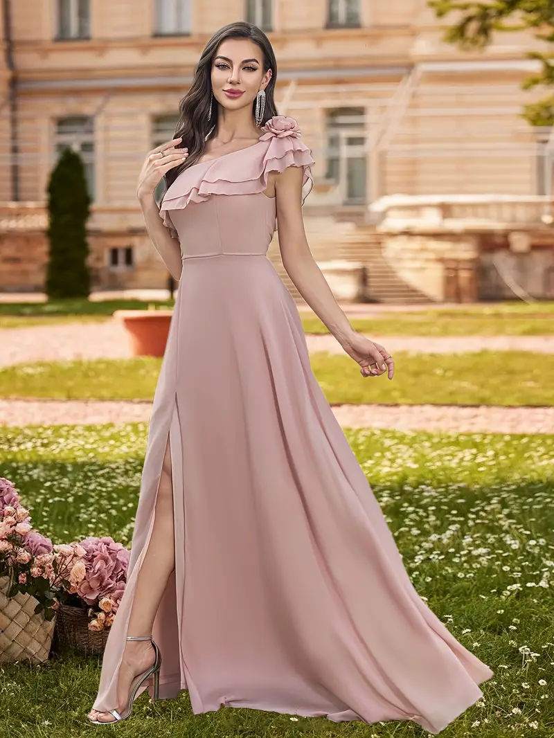 elegant shoulder ruffle trim a line maxi bridesmaid dress - Temu Mexico elegant shoulder ruffle trim a line maxi bridesmaid dress - Temu Mexico