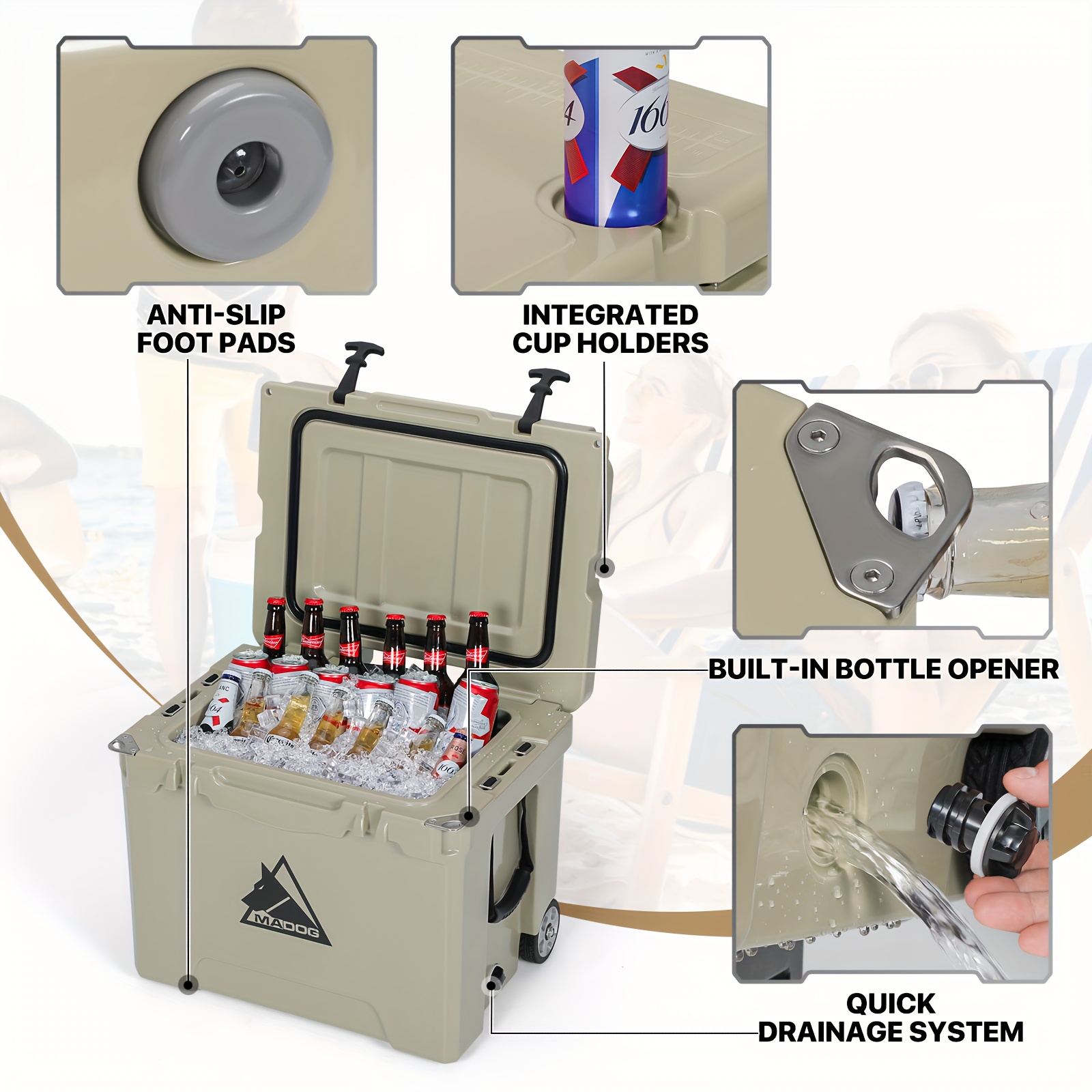 72 Can 42 Quart Towable Ice Chest with Wheels and Cup Holder, Outdoor Picnic Camping Hard Cooler