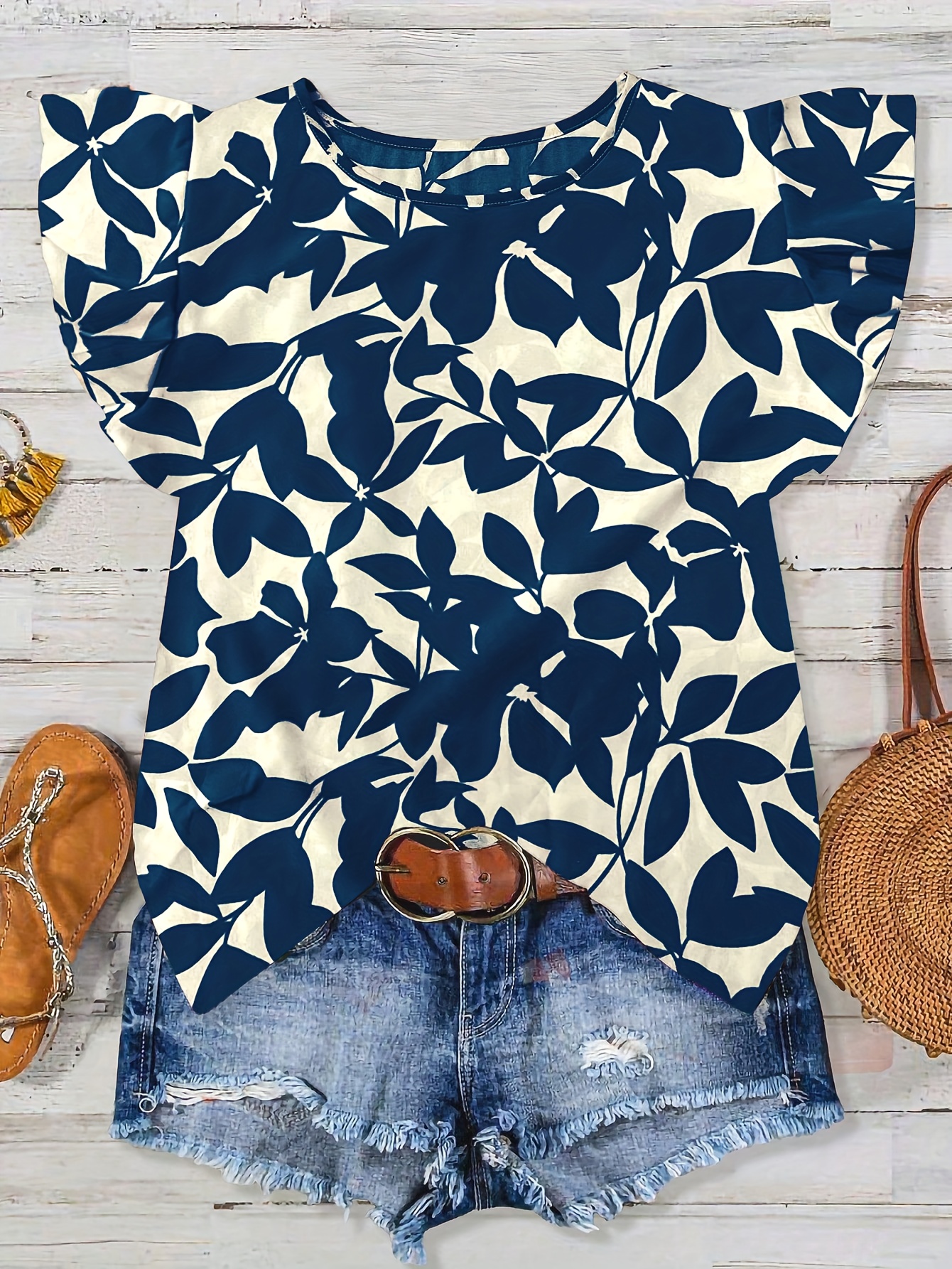 womens casual vacation shirt with orange floral print and round neck suitable for spring and summer