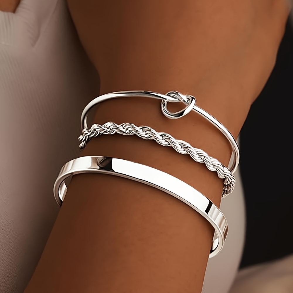 TEMU Ladies' 3pcs Set: 18k Gold-plated Stainless Steel Bracelet, Heart Knot Open Bangle, Twisted Rope Chain, And Simple Smooth Bracelet. Waterproof