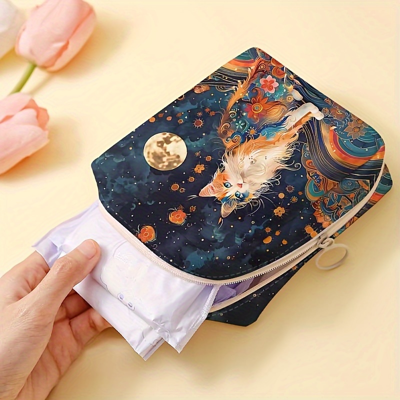 

1pc Cat Print Portable Large Capacity Sanitary Napkin Organizer Pouch, Polyester Storage Bag, With Candy And Miscellaneous Items For Storage