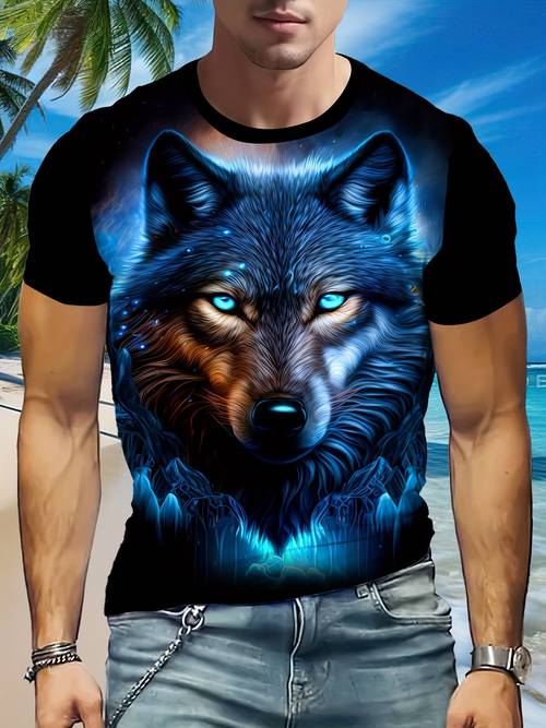 3d wolf graphic print mens casual short sleeve t shirt breathable polyester knit fabric round neck unisex adult fashion top for daily and leisure occasions