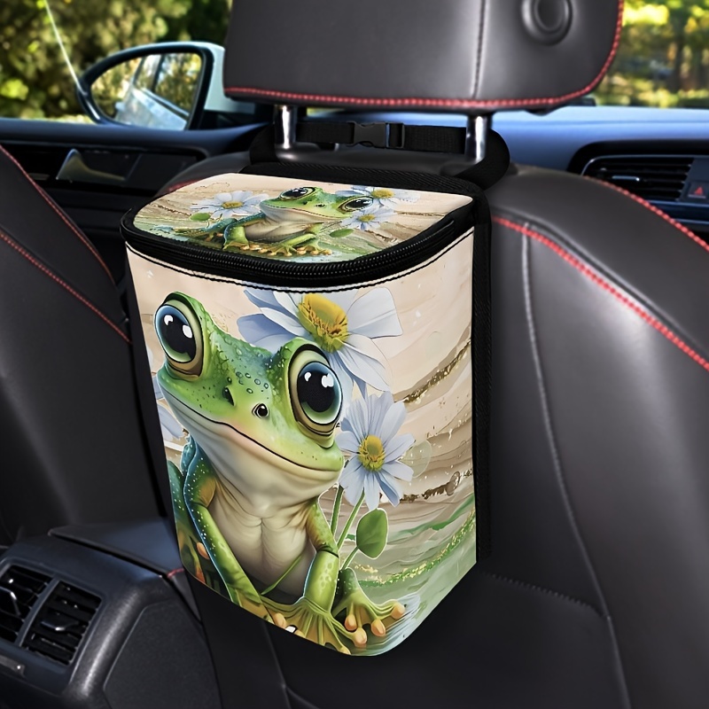 Cute Frog Print Polyester Car Trash Can With Zipper Lid - Adjustable & Foldable, Fit Organizer