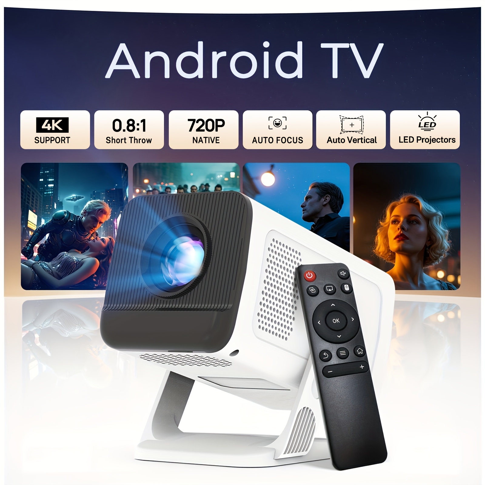 Image of [built-in Apps & 2026 Upgraded] Mini Portable Smart Projector With Wifi 6 And Bt5.4, 11, 4k Support | Local 720p Home Theater Projector With Stand, 400ansi, Auto Keystone Correction, White
