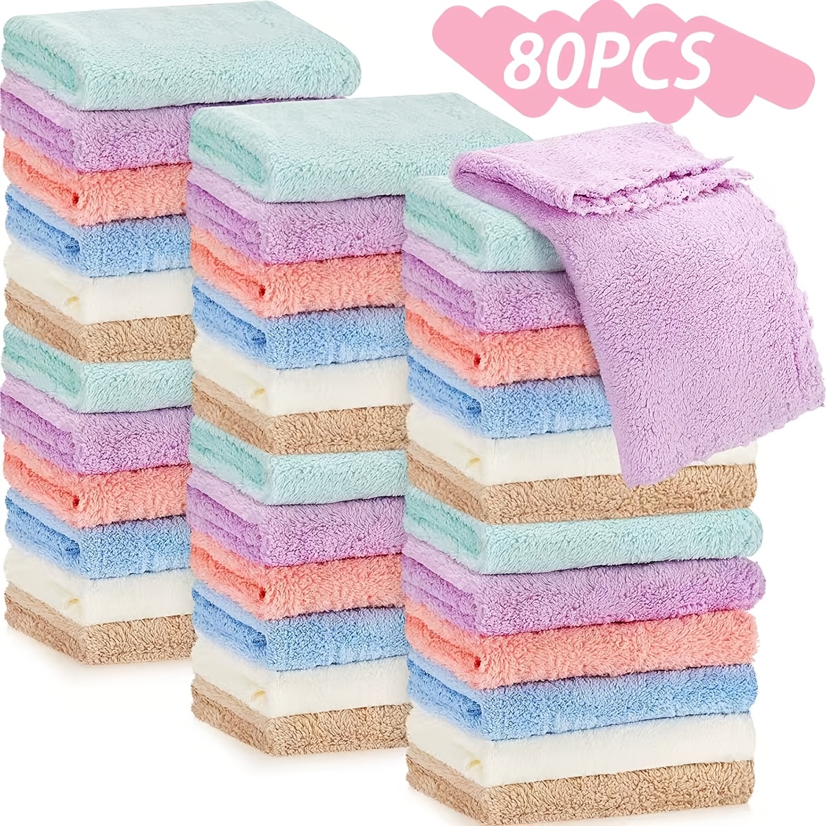 TEMU 80pcs Solid Color, Striped/washcloth-soft And Absorbent, Quick-drying Household Handkerchiefs And Small Square Towels, Suitable For Family