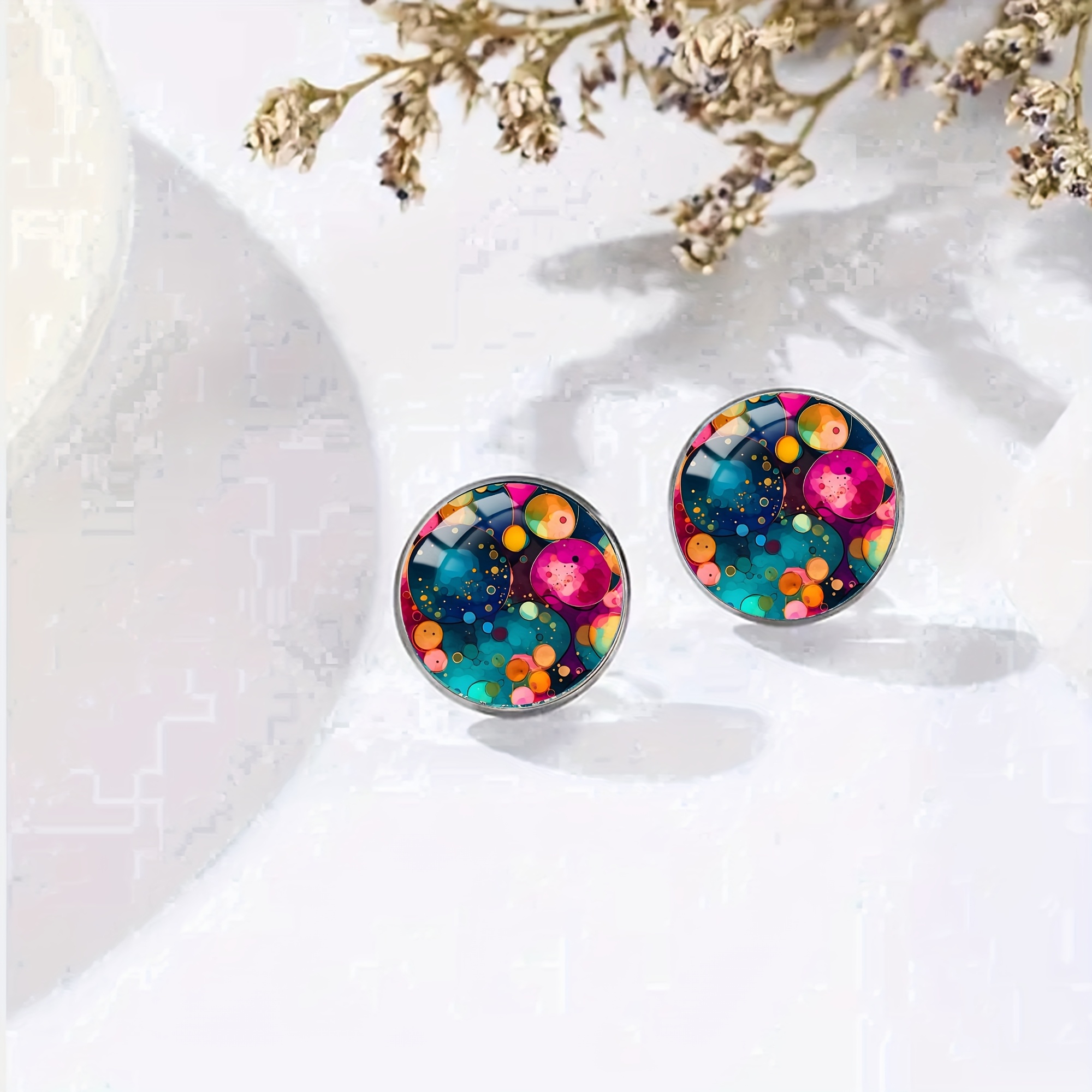 Women's Round Infinity Design Stud Earrings with Glass Mosaic