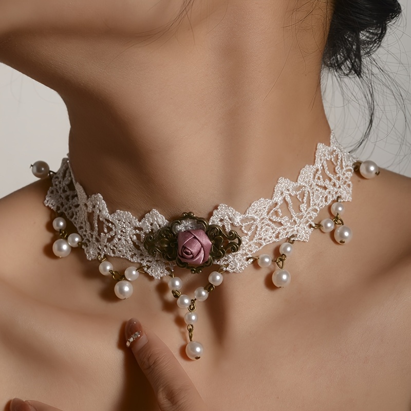 TEMU 1pc Lace Choker Necklace, Coquette Bridal Style With Pearl Tassels, Adjustable White Lace Neck Chain, Women's Romantic Victorian Style Jewelry,