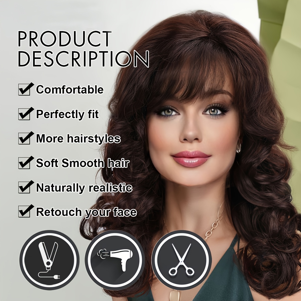 22 inch brown curly wavy synthetic wig bangs made heat  display picture 3