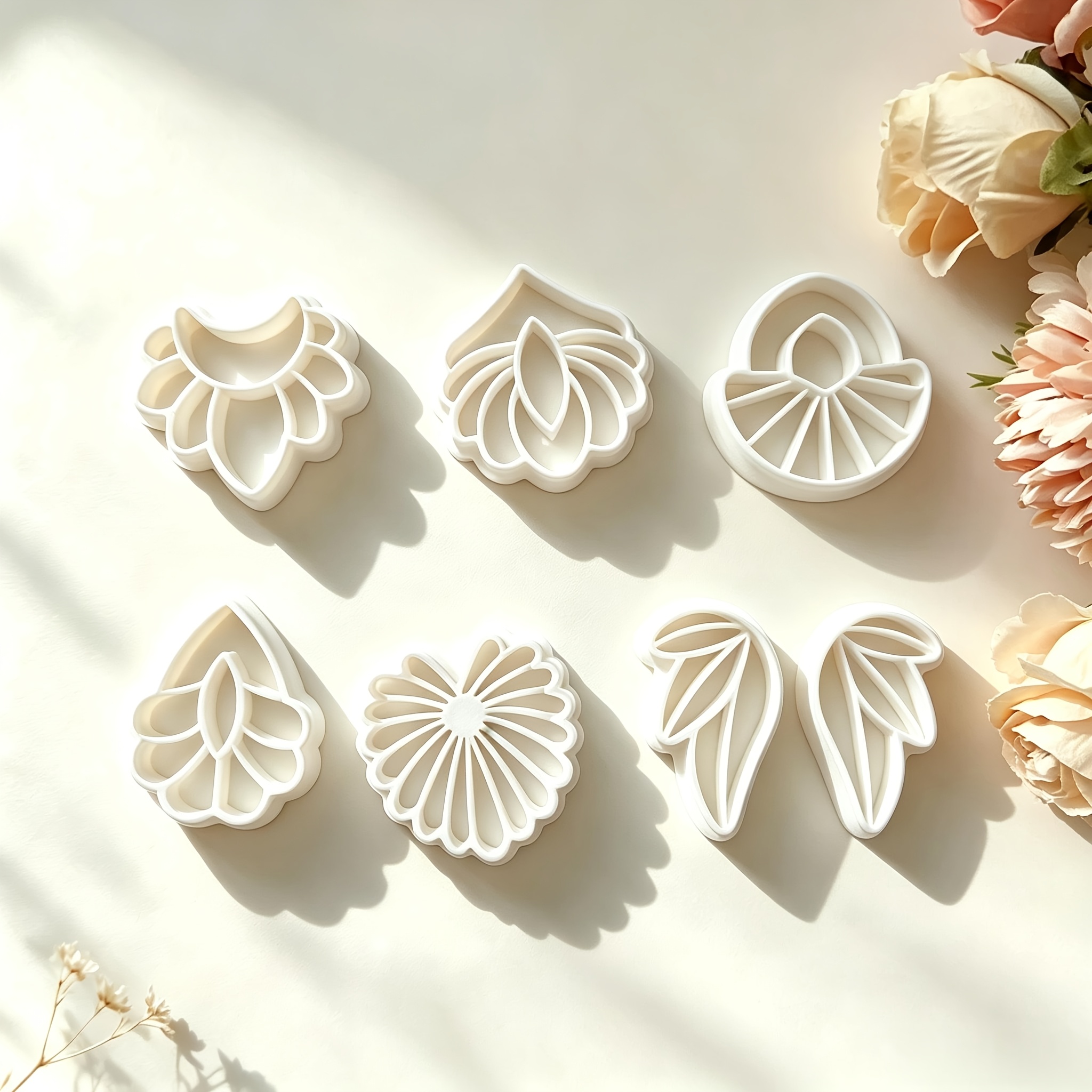 TEMU Juego de 7 moldes de arcilla con forma de pétalo de flor, moldes de corte de arcilla para manualidades DIY, herramientas de corte de formas