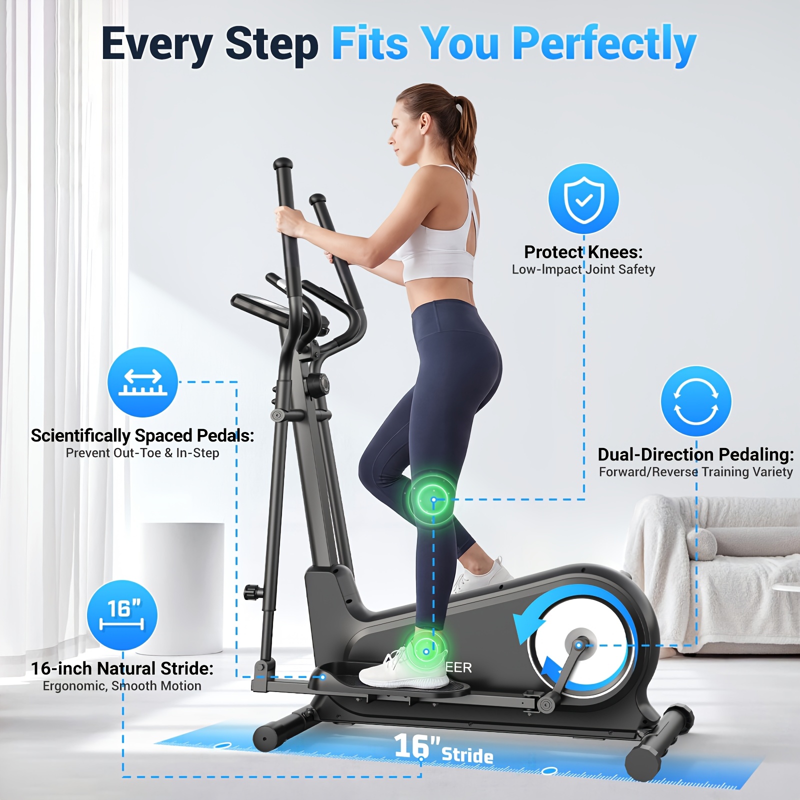 elliptical trainer a home elliptical with an   magnetic   system featuring 16   levels a foldable home elliptical with an lcd display a christmas gift for   Product details 3