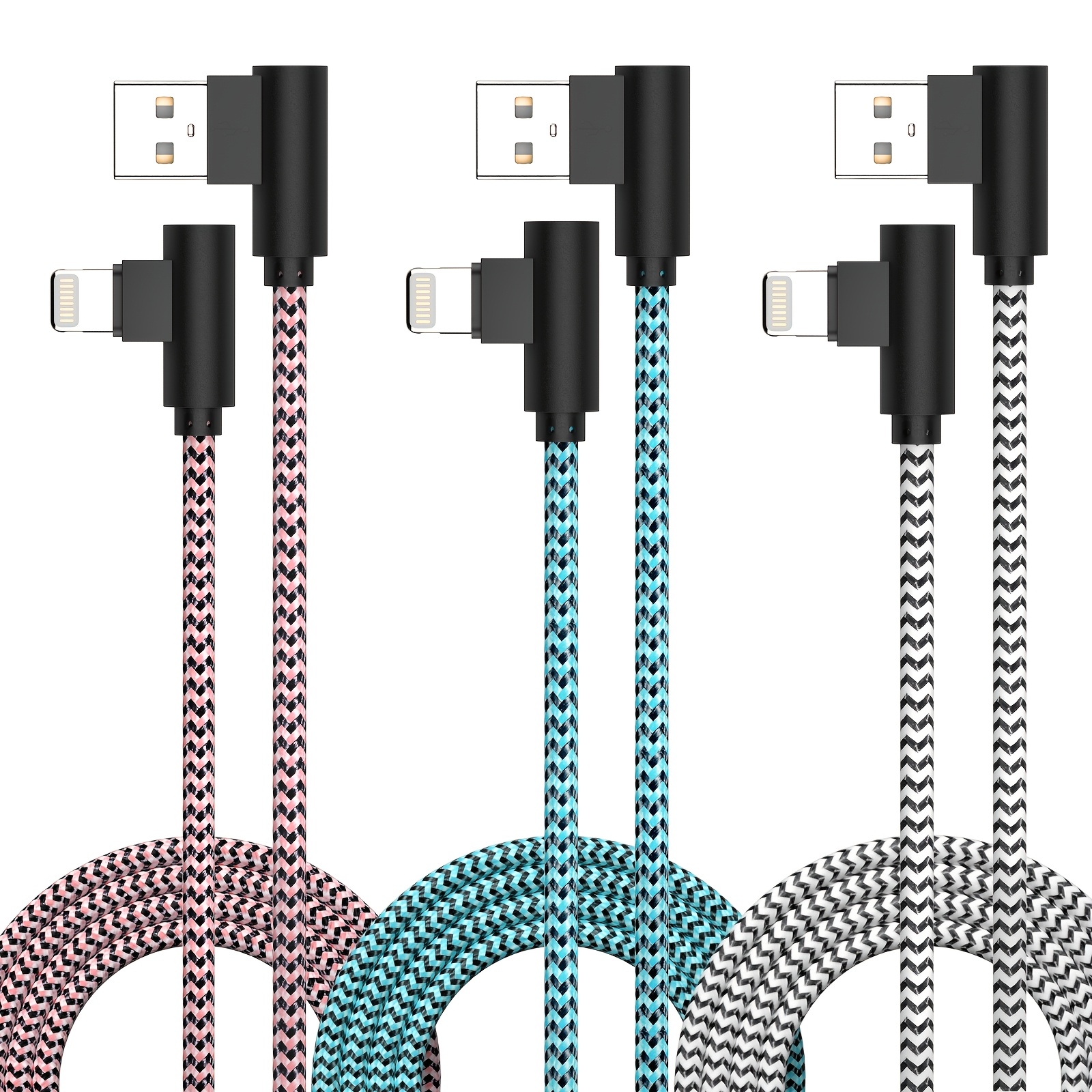 TEMU 3-pack For Iphone Charger 6ft [ ] Right-angle Lightning Cable Fast Charging Cord, Car Cable For Iphone 14 13 12 11 Pro/pro Max/mini/xs/xr/8 7