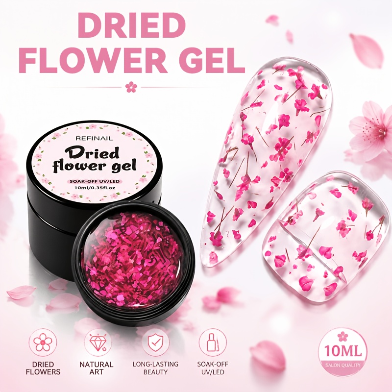 Image of 2pcs Set Of Natural Dried Flower Nail, Containing Real Pressed Dried Flowers, Led Light Curing, Can Remove Nails Without Damaging Surface, Transparent Base With A Floral Texture, A Gentle Nail Product