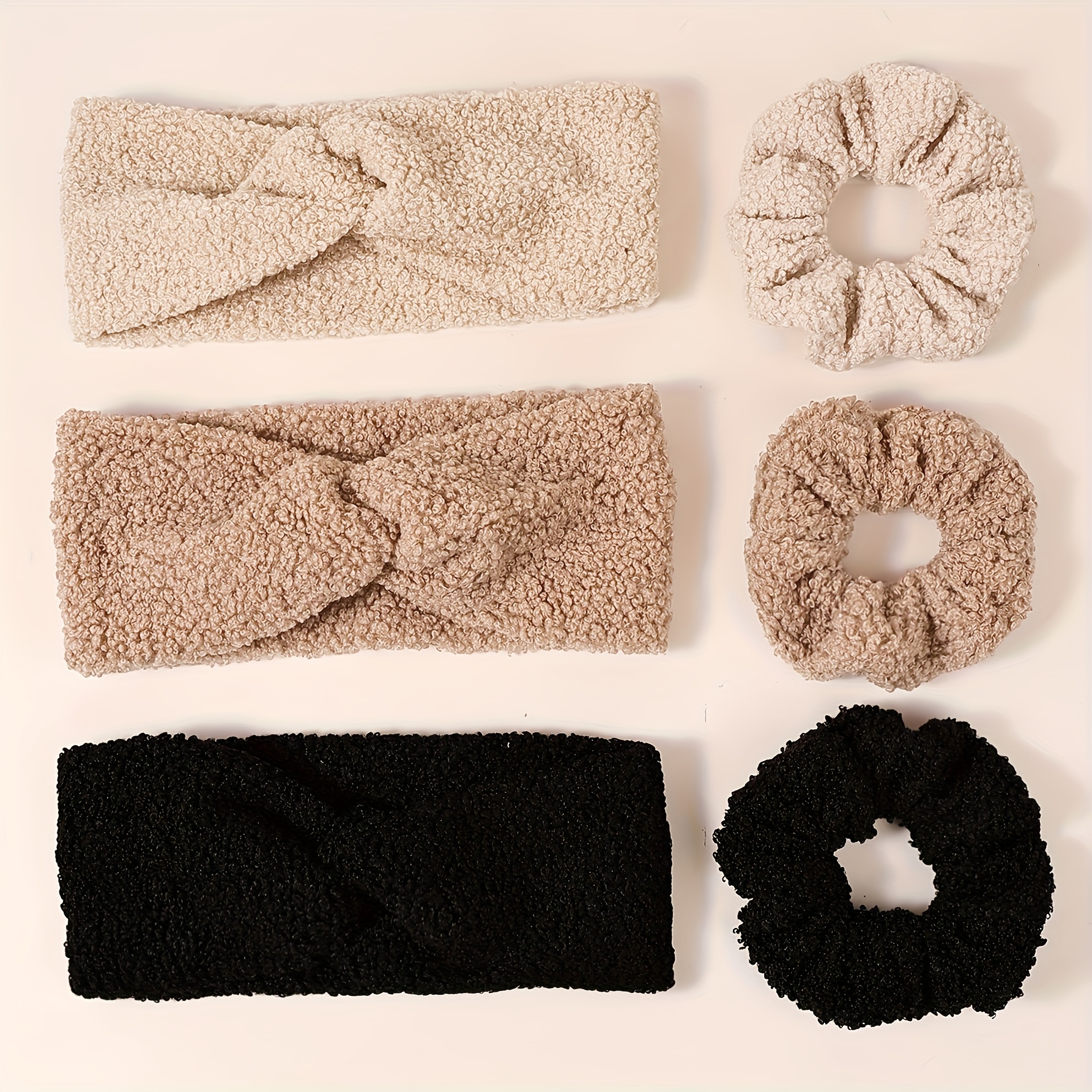 Image of A Set Of 6pcs Featuring Comfortable And Soft Plush Scrunchies Colors, Along With A Stylish Cross Headband, Perfect For Keeping Warm During Casual In Winter