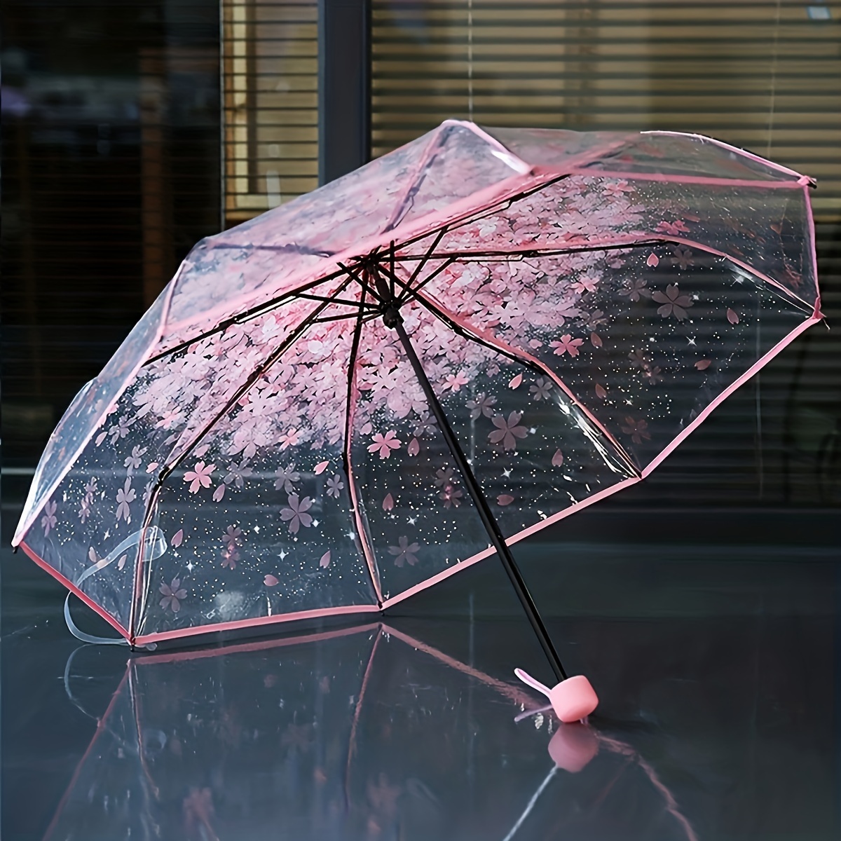 

Transparent Cherry Blossom Pattern Folding Umbrella, 8 Ribs Casual Lightweight Portable Rain Gears For Men's & Women's Outdoor Activities