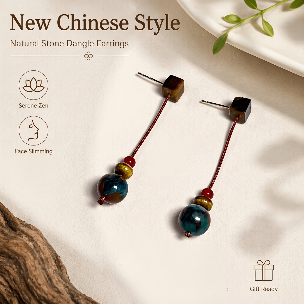 TEMU Natural Stone Women's Fashion Earrings, Vintage Style Earrings, Chinese Style Earrings, Suitable For Daily , Parties, Dates, Gifts, And Various