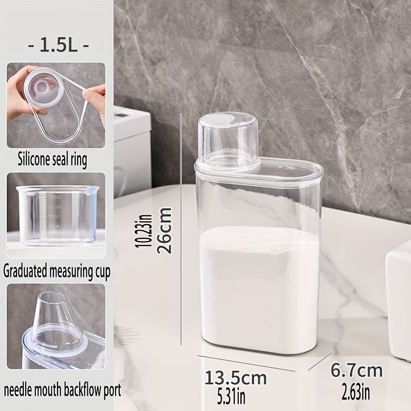 TEMU 1pc Transparent Sealed Laundry Detergent Dispenser For Laundry Powder, Bleach, Fabric Softener, Laundry Room Storage With Measurement