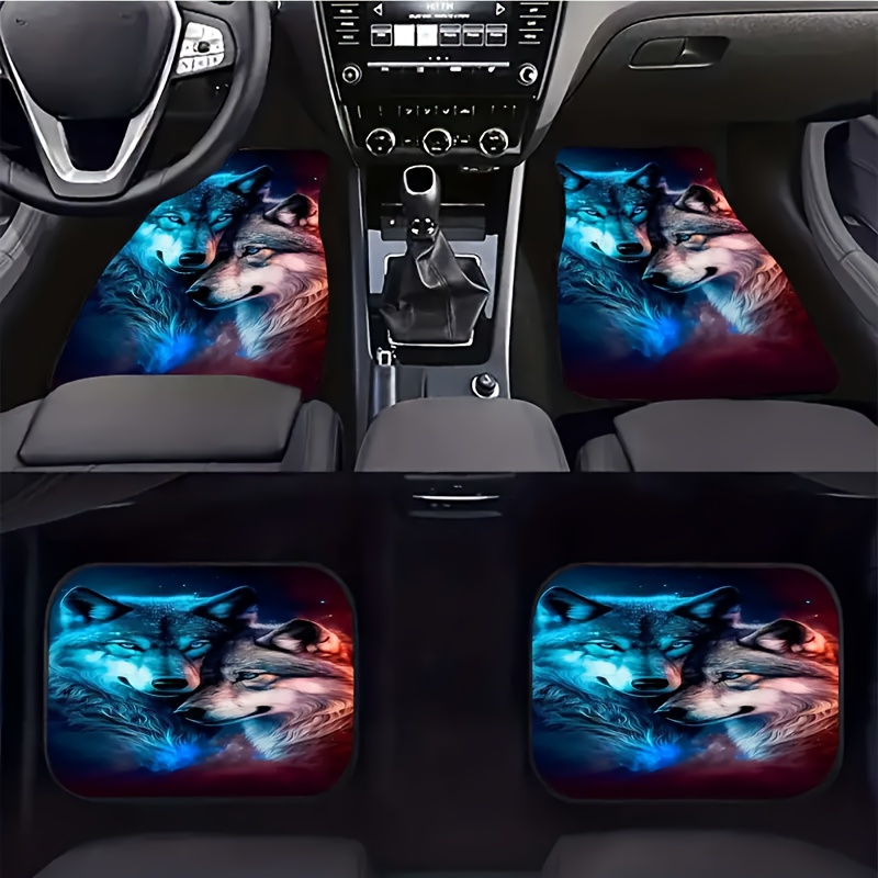 

4-piece Set Cool Wolf Print Vehicle Floor Mats, Polyester Fiber Interior Accessories With Non-slip Backing For Auto Front And Rear Seats