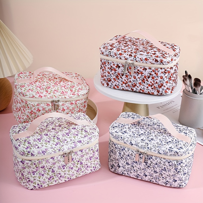 

Large Capacity Floral Makeup Bag With Handle, Portable And Durable, Cosmetic Case Organizer For Travel And Bathroom Storage, Stylish Design, Multi-functional Toiletry Pouch