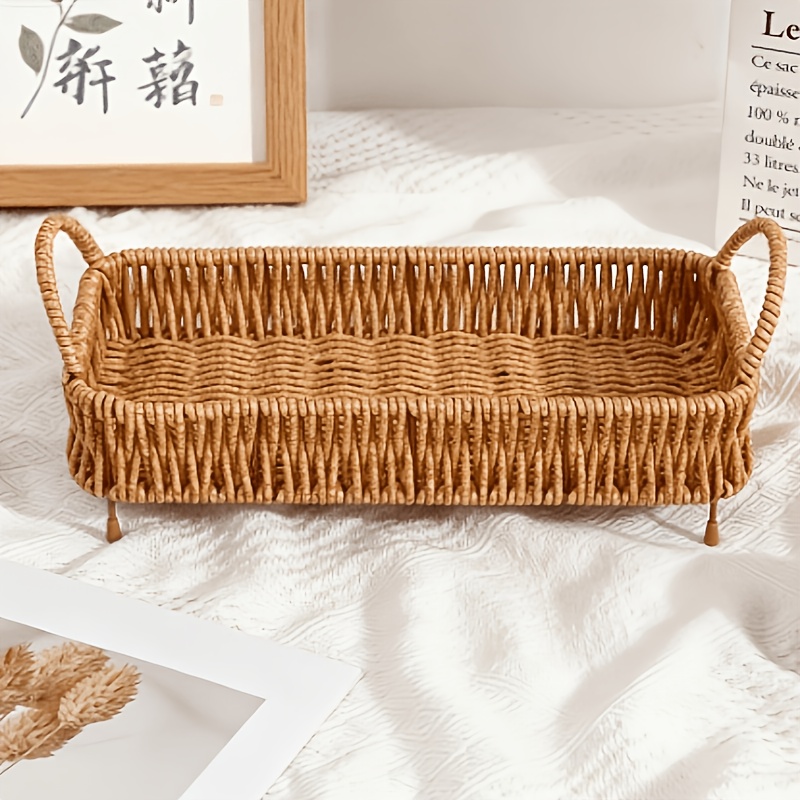 TEMU 【取っ手付き】ヴィンテージ手編みラタン 収納バ、、リビン用、棚用バ