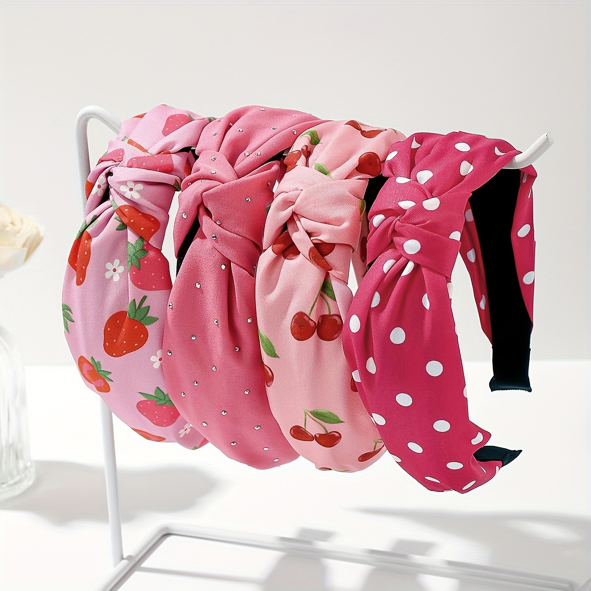 TEMU 4pcs Women's Wide Headbands - Soft Fabric Knotted Hair Accessories With Fruit Patterns (polka Dots, Cherries, , Floral), Pastel & Vibrant Colors