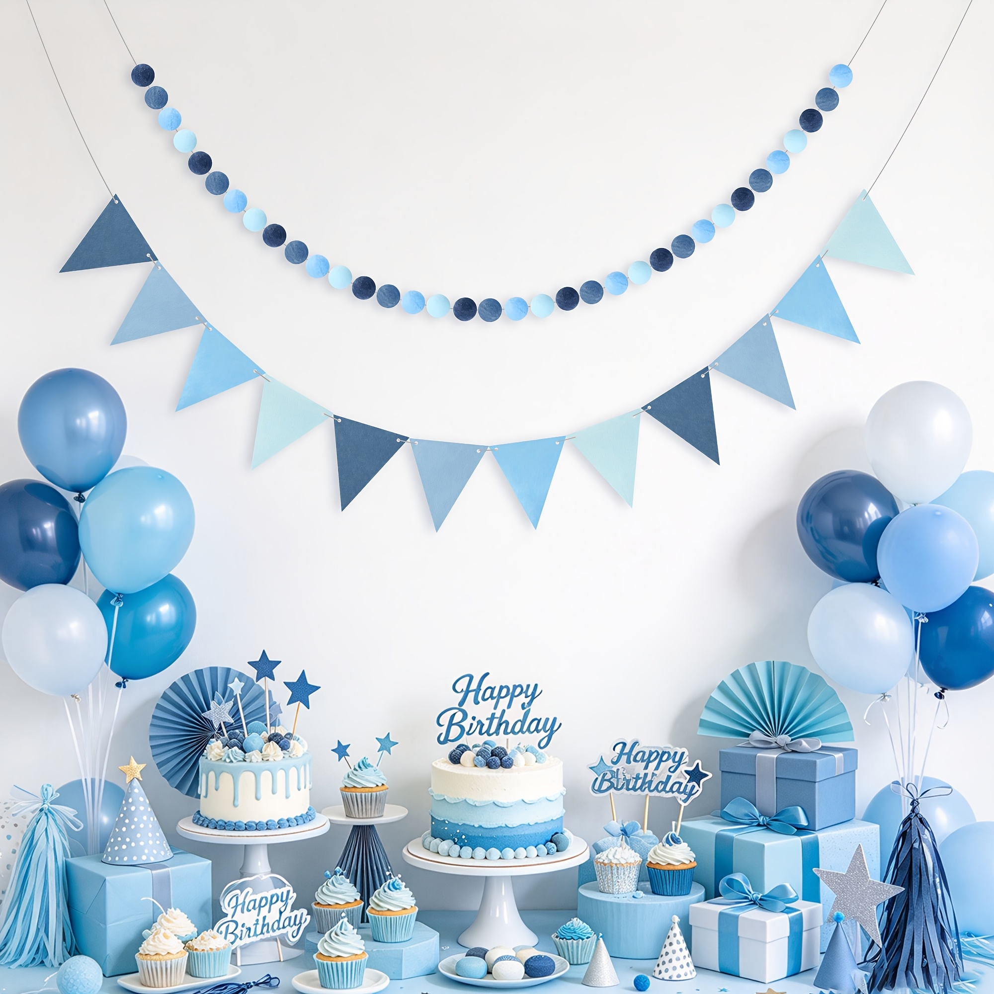 TEMU Felt Banner Decorations Blue Pre- Birthday Party Set Reusable Felt Ball Garland Pennant Flags Navy Blue Party Supplies Wall Hanging